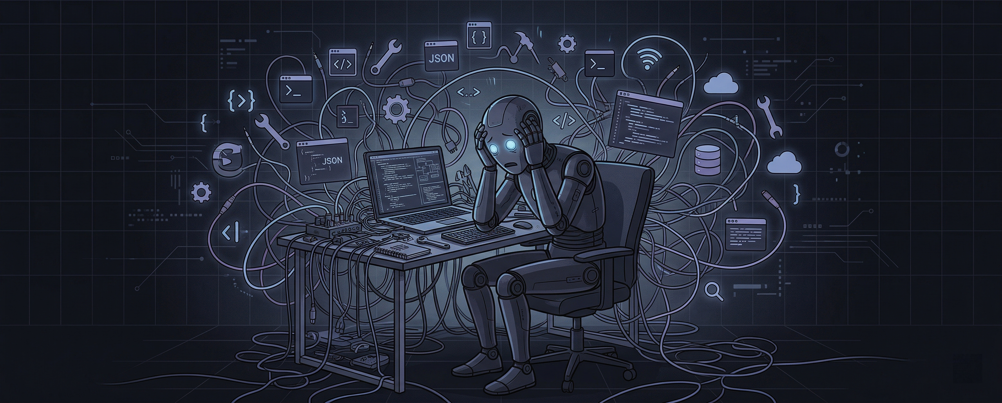 A confused robot surrounded by tangled wires and floating tool icons