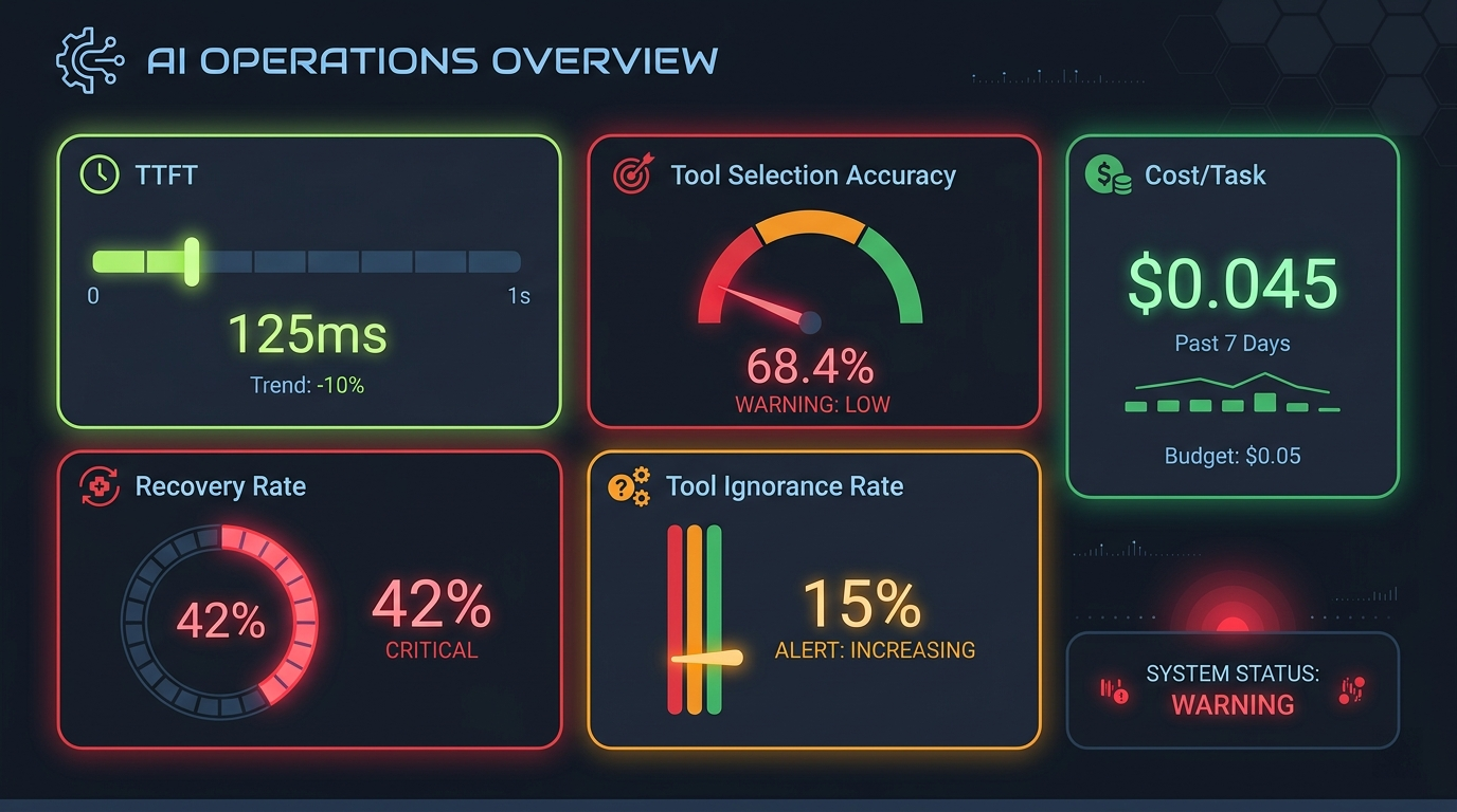 Agent metrics dashboard with TTFT, tool accuracy, and cost tracking